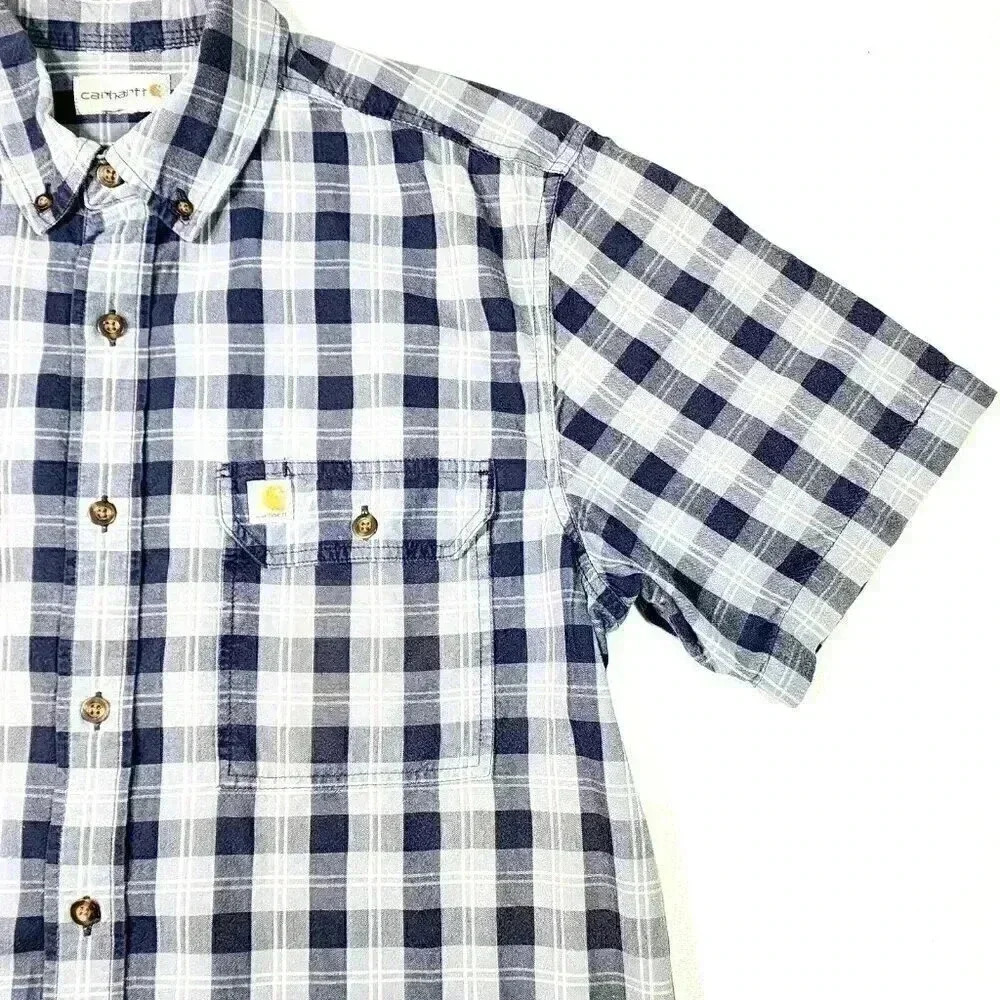 Carhartt Men's Loose Fit Midweight Shirt Large Short Sleeve Blue Plaid Button Up - Picture 4 of 15
